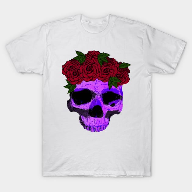 Purple Skull with a Crown of Roses T-Shirt by galaxieartshop